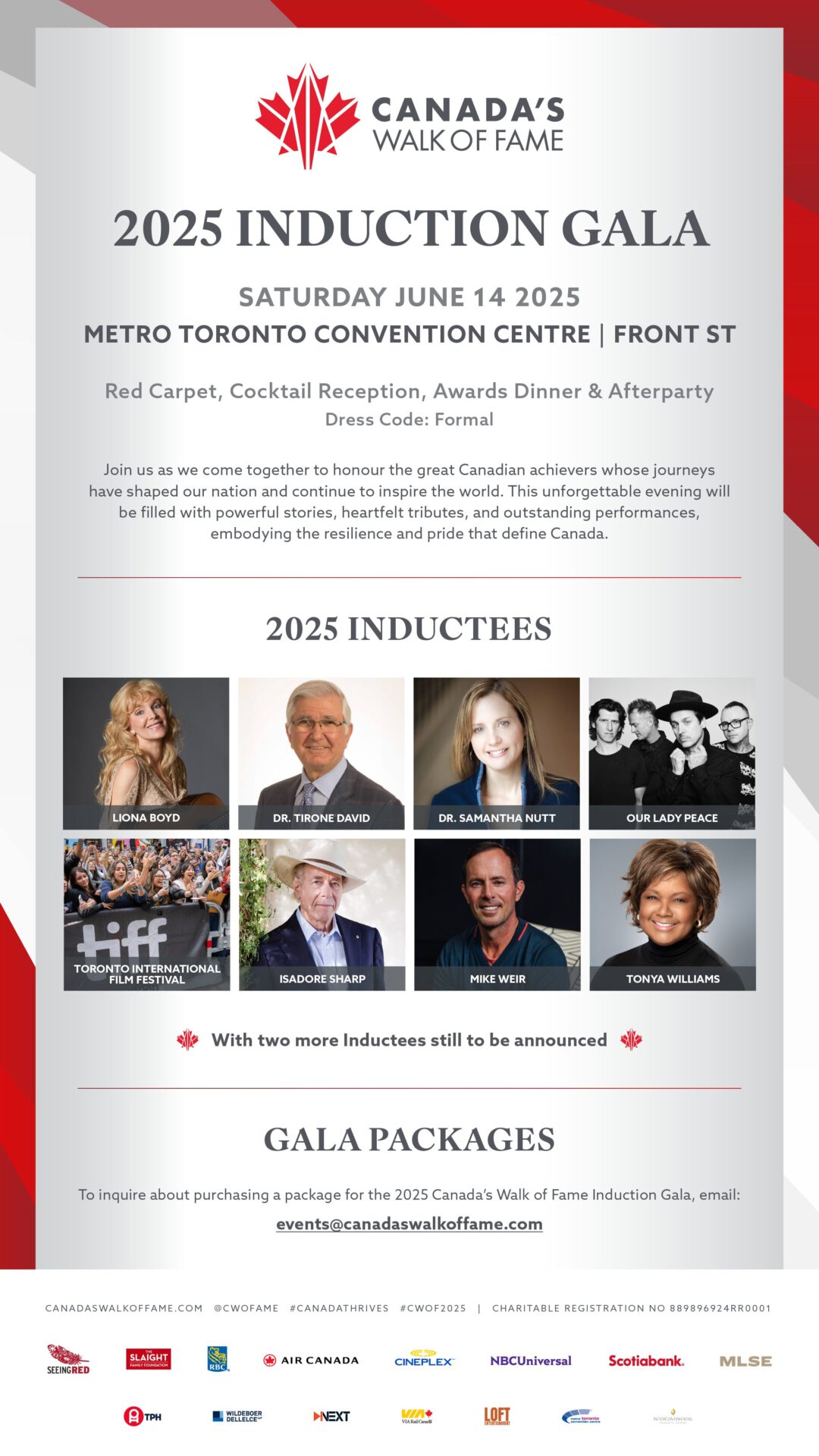 Détails de l'événement du Gala d'intronisation 2025 de l'Allée des célébrités canadiennes, avec la date, le lieu et les photos des sept personnes intronisées, dont Liona Boyd, Dr Tirone David, Dr Samantha Nutt, Our Lady Peace, TIFF, Isadore Sharp, Mike Weir et Tonya Williams.